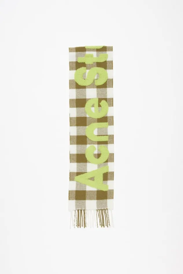Acne Studios Check Logo Scarf 8211 Narrow Khakigreen Women Scarves
