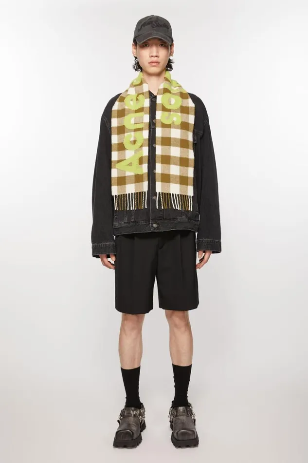 Acne Studios Check Logo Scarf 8211 Narrow Khakigreen Women Scarves Acne Studios Check Logo Scarf 8211 Narrow Khakigreen Women Scarves