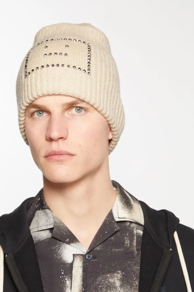 Acne Studios Embellished Face Square Beanie Oatmeal Melange Women Face Collection Acne Studios Embellished Face Square Beanie Oatmeal Melange Women Face Collection