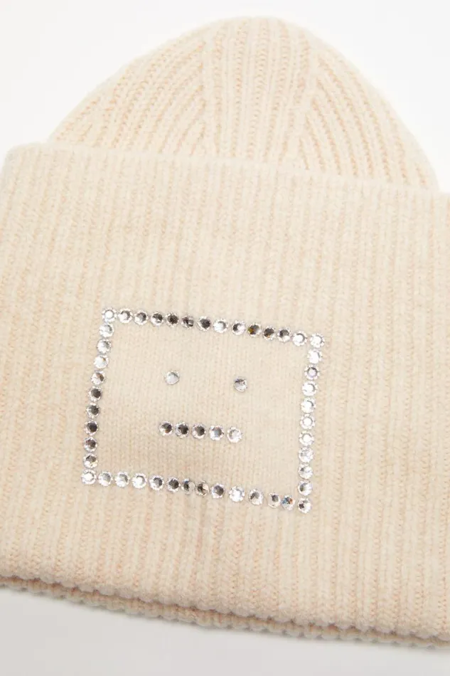 Acne Studios Embellished Face Square Beanie Oatmeal Melange Women Face Collection Acne Studios Embellished Face Square Beanie Oatmeal Melange Women Face Collection