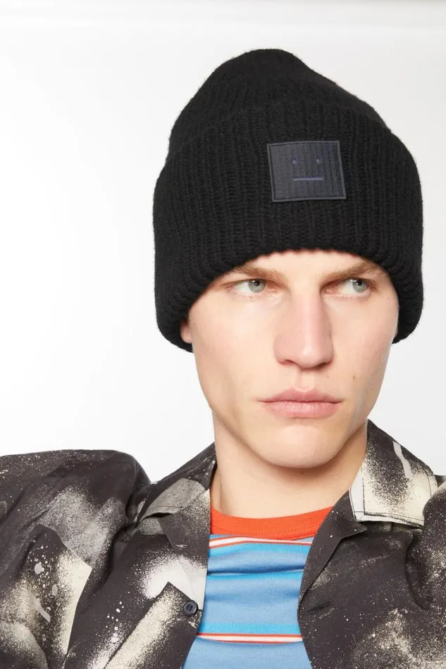 Acne Studios Large Face Logo Beanie Black Women Hats Acne Studios Large Face Logo Beanie Black Women Hats