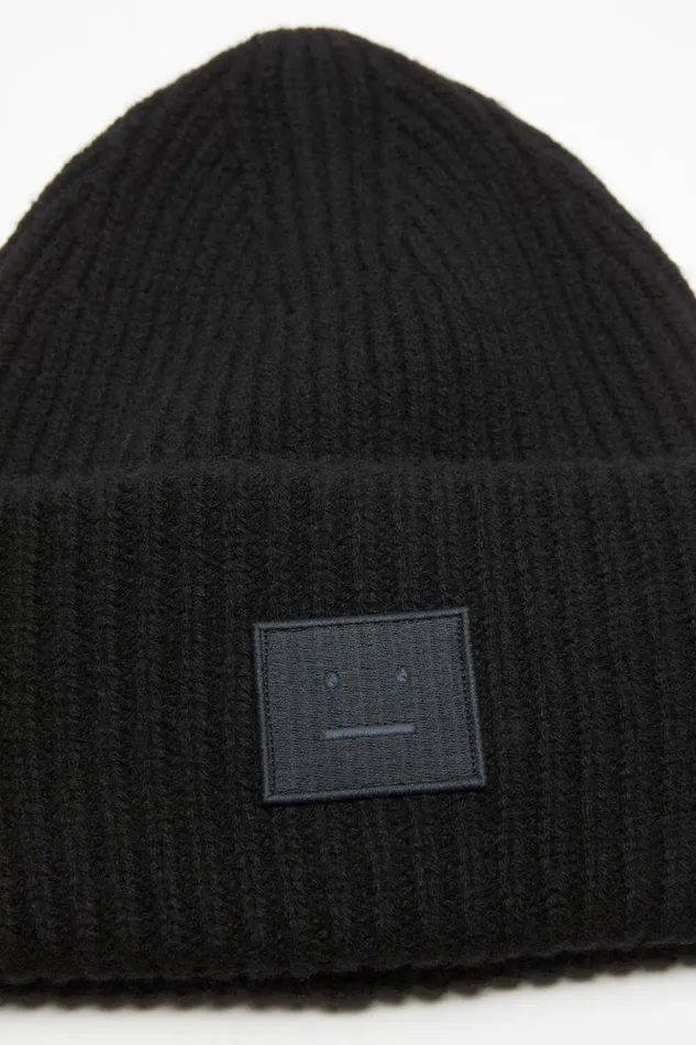Acne Studios Large Face Logo Beanie Black Women Hats Acne Studios Large Face Logo Beanie Black Women Hats