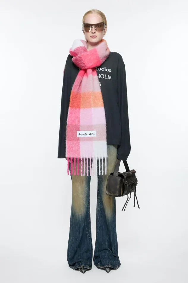 Acne Studios Mohair Checked Scarf Pinkfuchsiawhite Women Scarves