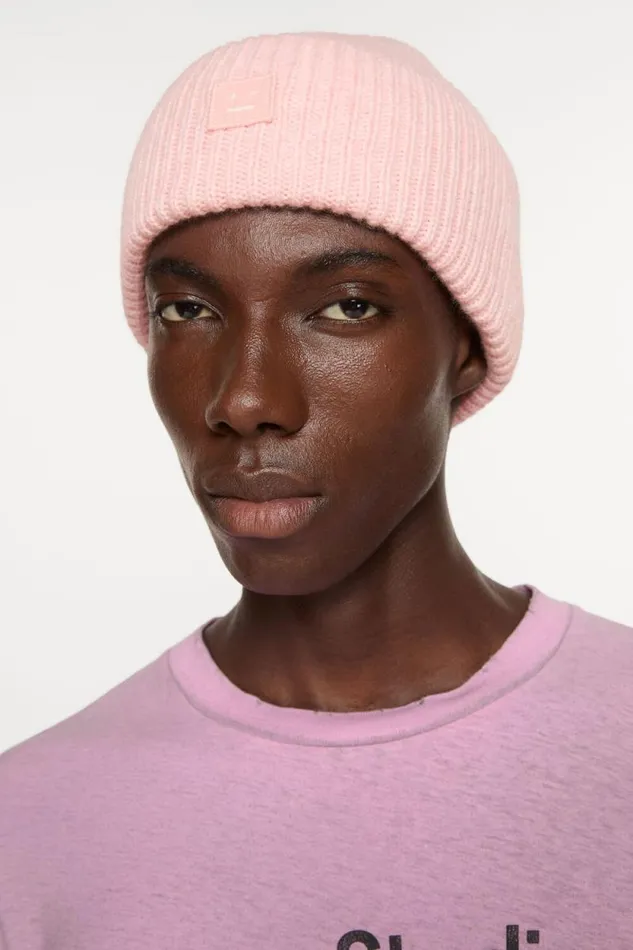 Acne Studios Small Face Logo Beanie Faded Pink Melange Men Hats Acne Studios Small Face Logo Beanie Faded Pink Melange Men Hats