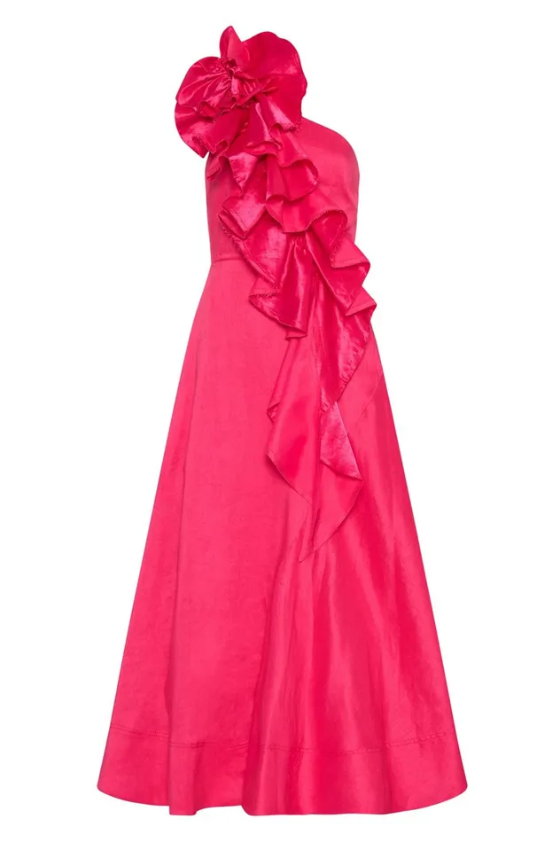 Adelia Ruffle Midi Dress Bougainvillea Red Women Aje Bridesmaid Dresses