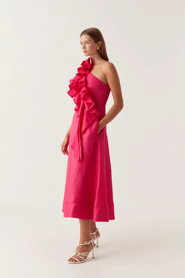 Adelia Ruffle Midi Dress Bougainvillea Red Women Aje Bridesmaid Dresses