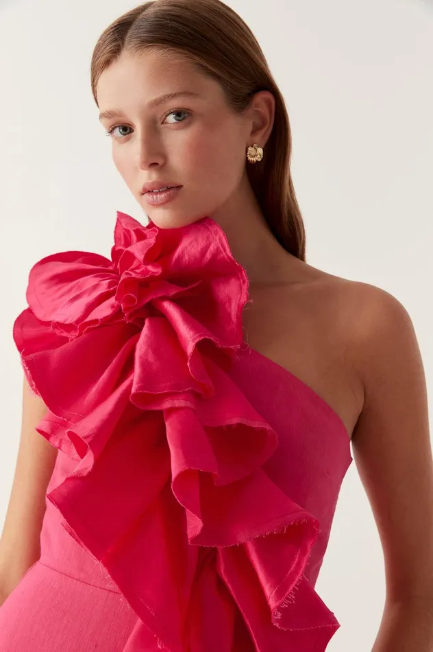 Adelia Ruffle Midi Dress Bougainvillea Red Women Aje Bridesmaid Dresses