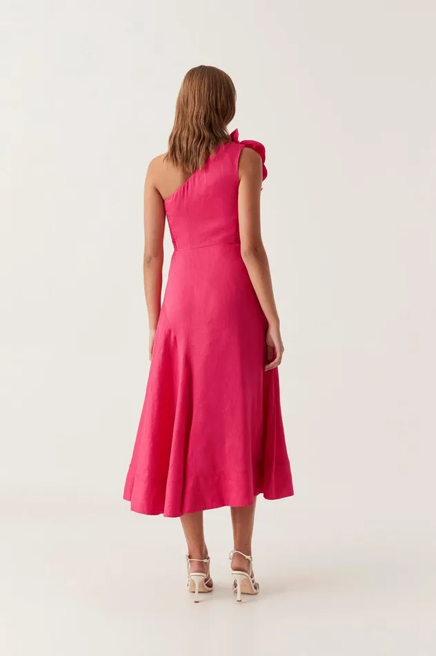 Adelia Ruffle Midi Dress Bougainvillea Red Women Aje Bridesmaid Dresses