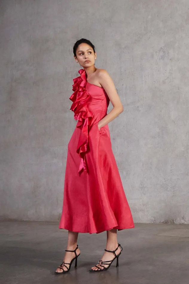 Adelia Ruffle Midi Dress Bougainvillea Red Women Aje Bridesmaid Dresses