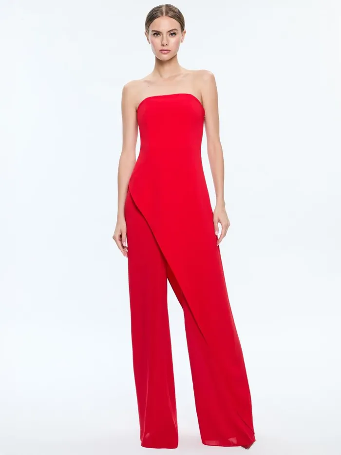 Alice Olivia ALONDRA STRAPLESS ASYMMYETRIC JUMPSUIT Bright Ruby Women Jumpsuits Rompers