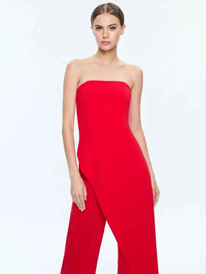 Alice Olivia ALONDRA STRAPLESS ASYMMYETRIC JUMPSUIT Bright Ruby Women Jumpsuits Rompers