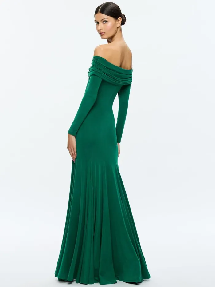 Alice Olivia AUGUSTA OFF THE SHOULDER RUCHED MAXI DRESS Forest Green Women Dresses