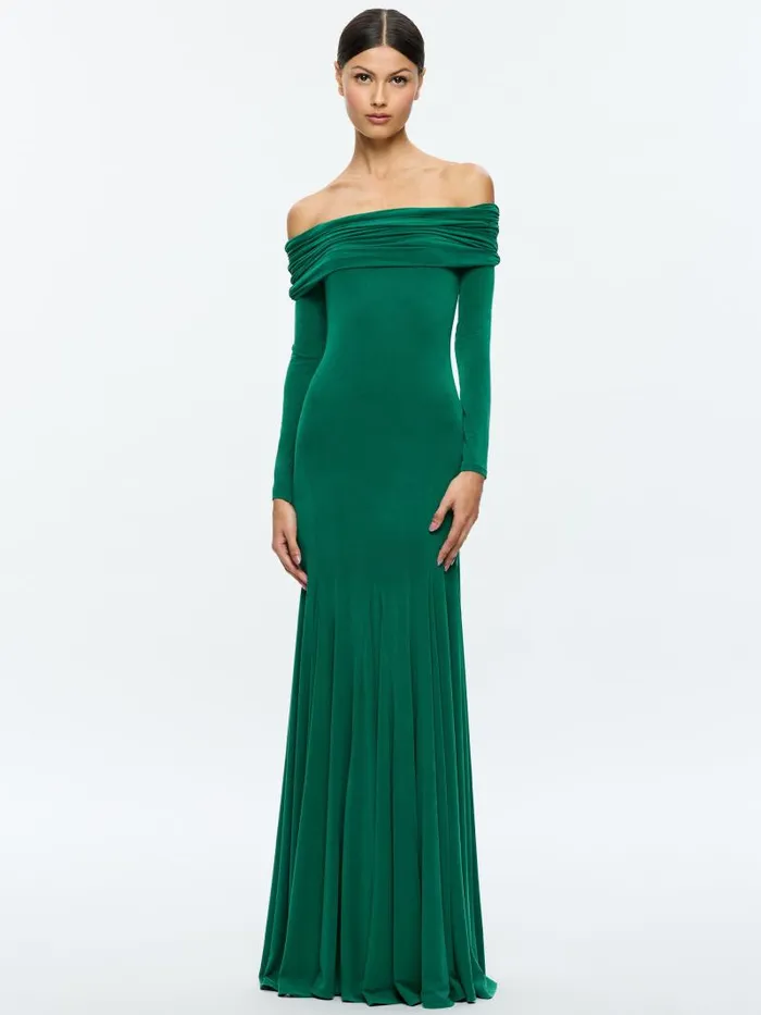 Alice Olivia AUGUSTA OFF THE SHOULDER RUCHED MAXI DRESS Forest Green Women Dresses