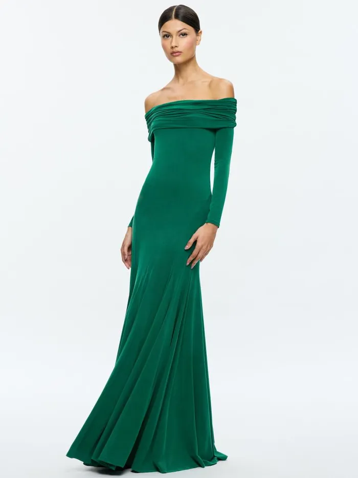 Alice Olivia AUGUSTA OFF THE SHOULDER RUCHED MAXI DRESS Forest Green Women Dresses
