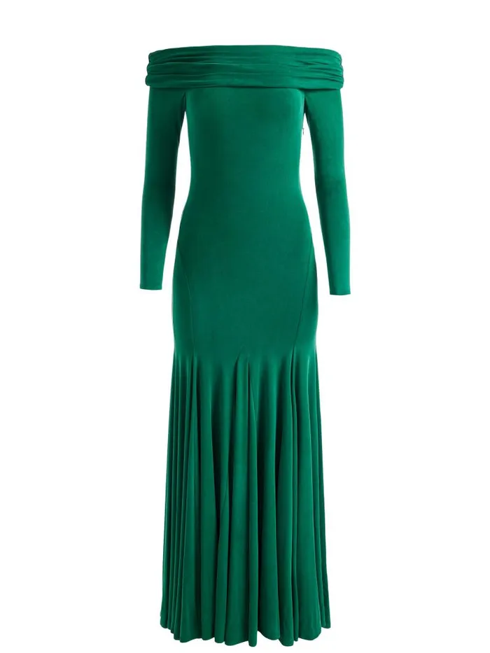 Alice Olivia AUGUSTA OFF THE SHOULDER RUCHED MAXI DRESS Forest Green Women Dresses