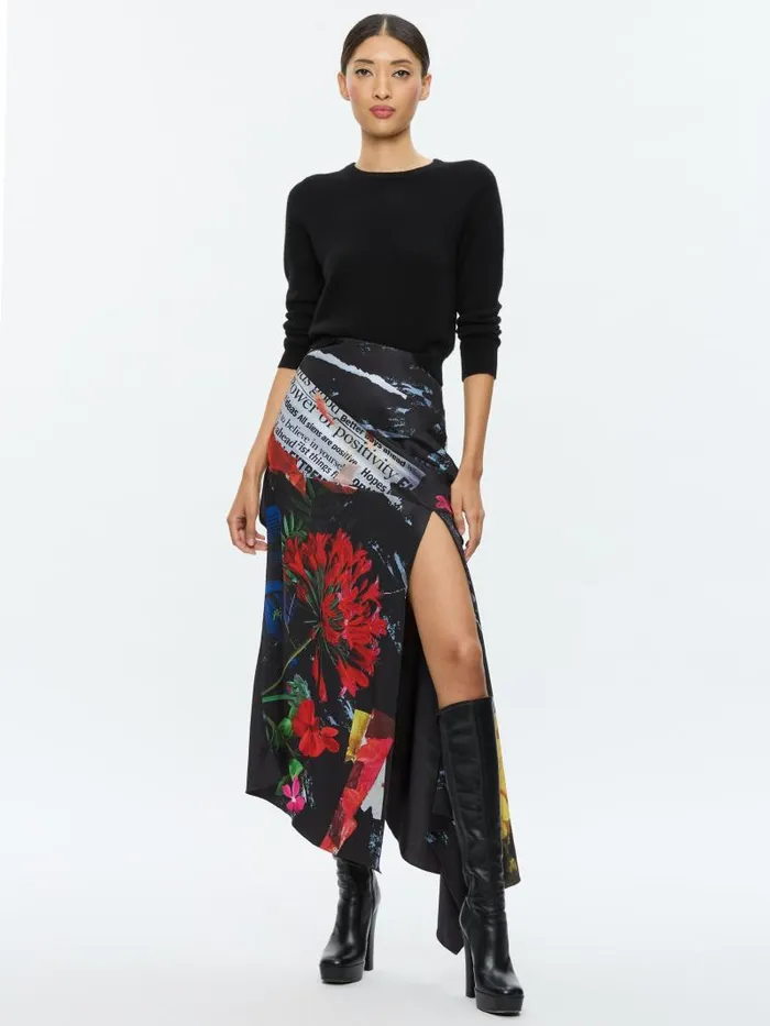 Alice Olivia AYLA ASYMMETRIC HIGH SLIT MIDI SKIRT Azalea Floral Women Skirts