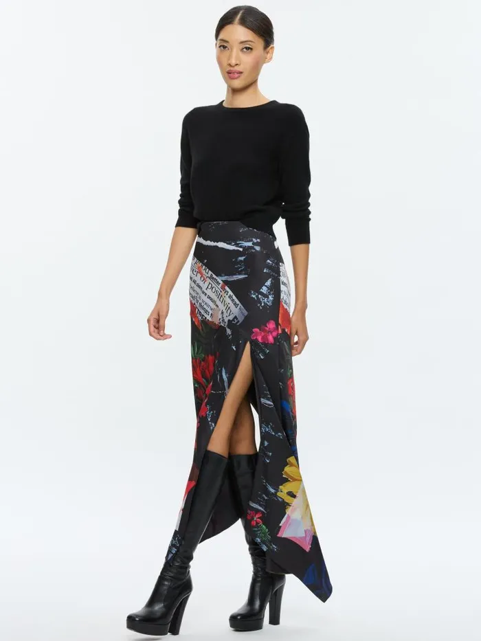 Alice Olivia AYLA ASYMMETRIC HIGH SLIT MIDI SKIRT Azalea Floral Women Skirts