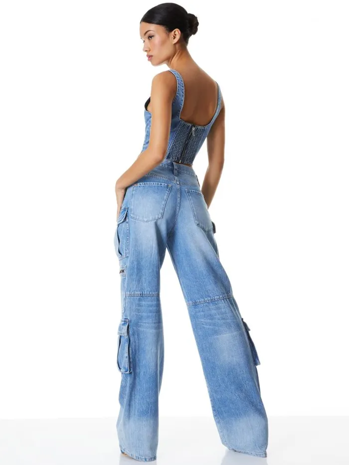 Alice Olivia CAY BAGGY CARGO JEANS Brea Blue Women Jeans
