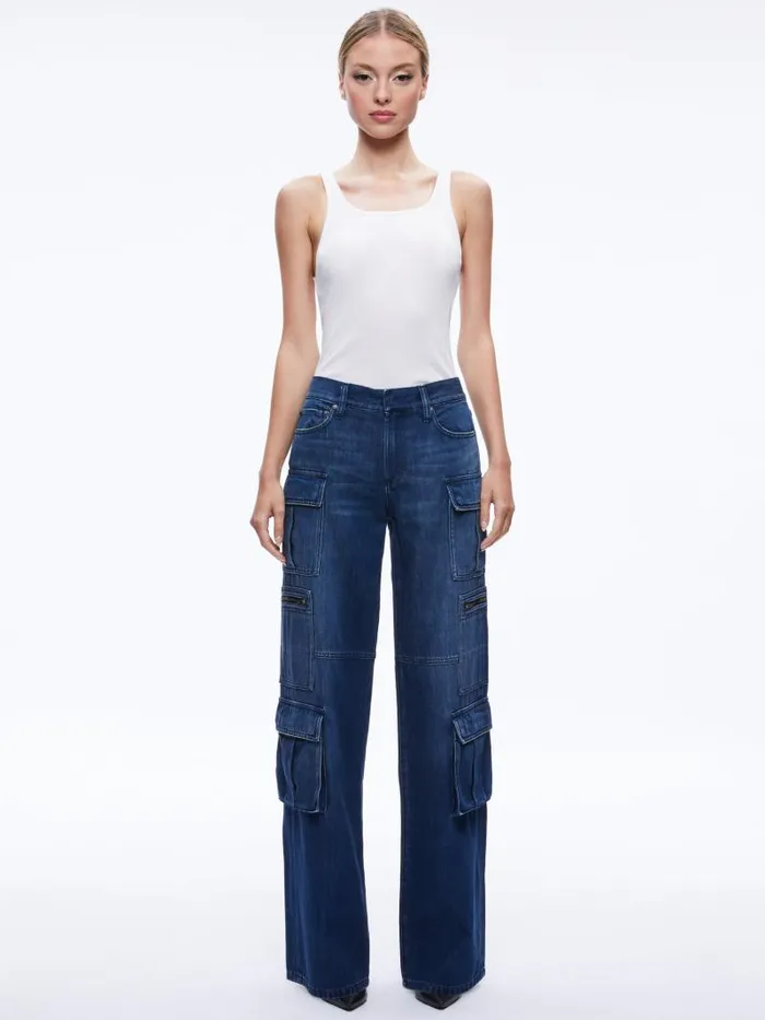 Alice Olivia CAY BAGGY CARGO JEANS Brea Blue Women Jeans