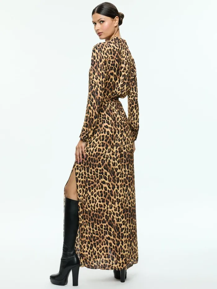 Alice Olivia CHASSIDY MAXI SHIRT DRESS Spotted Leopard Dark Tan Women Dresses
