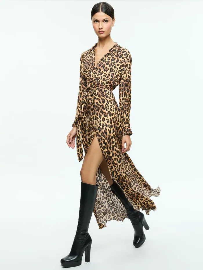 Alice Olivia CHASSIDY MAXI SHIRT DRESS Spotted Leopard Dark Tan Women Dresses