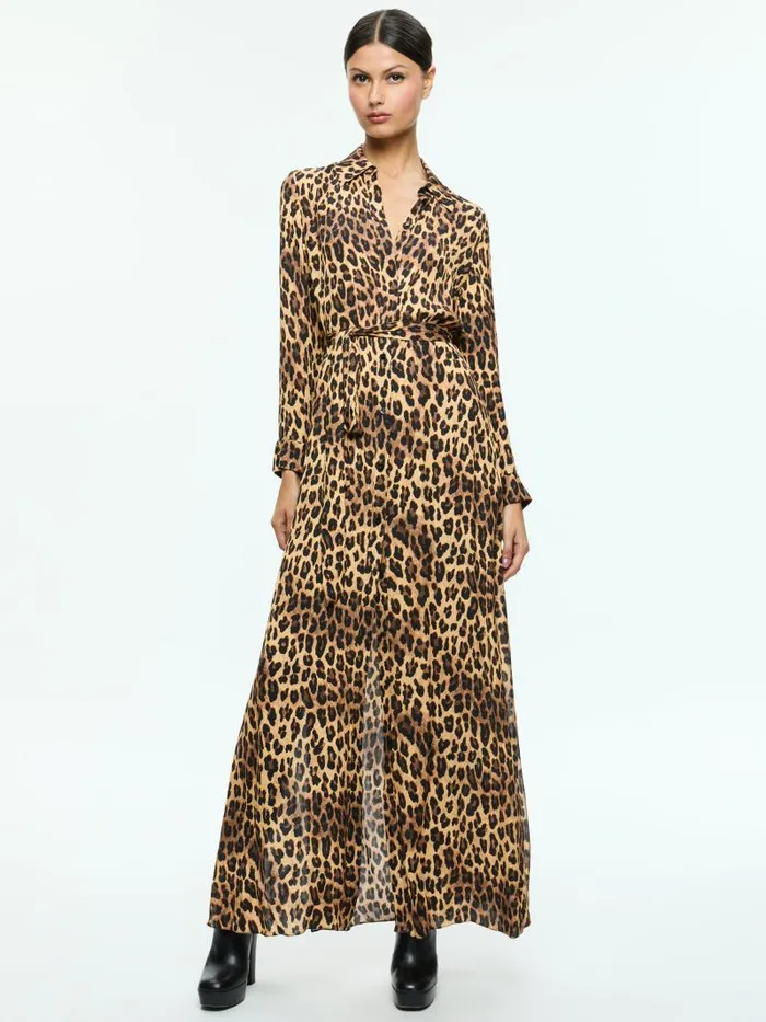 Alice Olivia CHASSIDY MAXI SHIRT DRESS Spotted Leopard Dark Tan Women Dresses