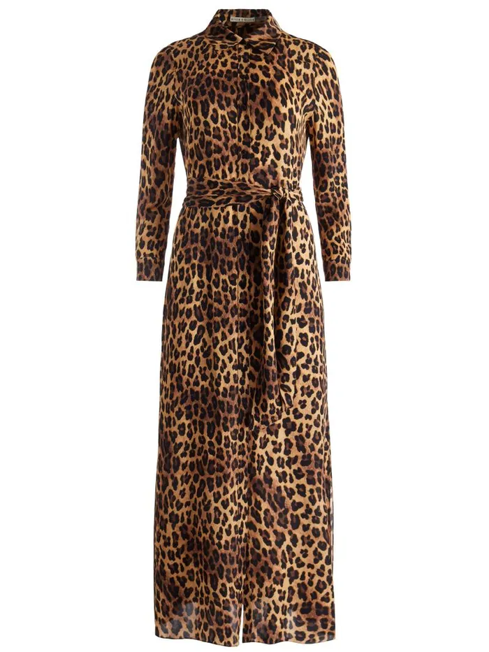 Alice Olivia CHASSIDY MAXI SHIRT DRESS Spotted Leopard Dark Tan Women Dresses