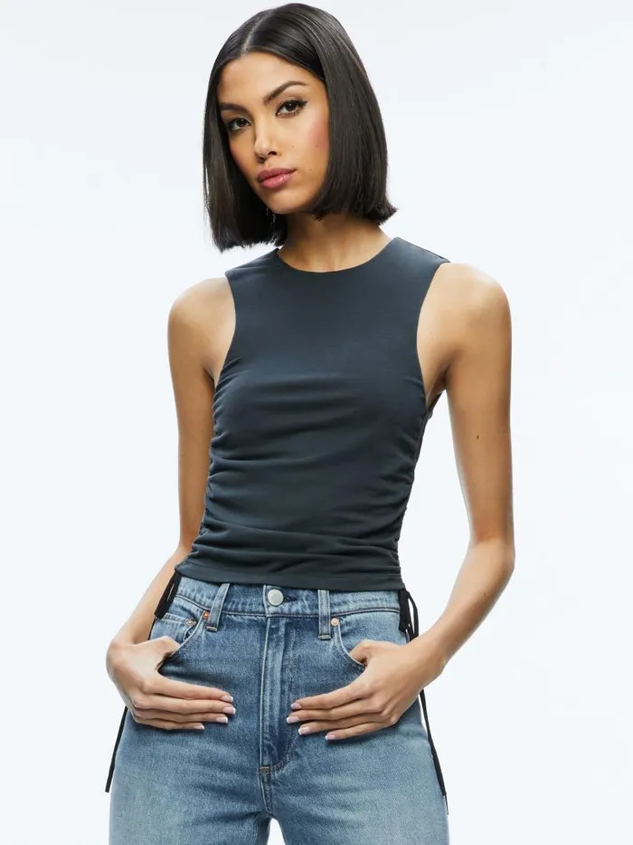 Alice Olivia CHRISSY CREWNECK RUCHED CROP TOP Black Women Tops