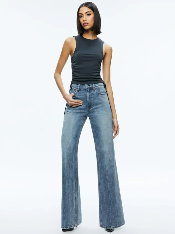 Alice Olivia CHRISSY CREWNECK RUCHED CROP TOP Black Women Tops