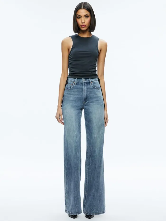 Alice Olivia CHRISSY CREWNECK RUCHED CROP TOP Black Women Tops