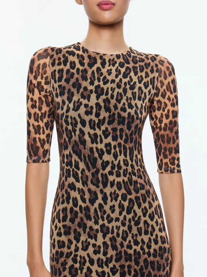 Alice Olivia DELORA CREW NECK MESH MIDI DRESS Spotted Leopard Dark Tan Women Dresses