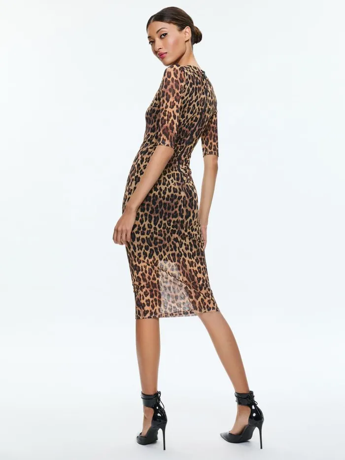 Alice Olivia DELORA CREW NECK MESH MIDI DRESS Spotted Leopard Dark Tan Women Dresses