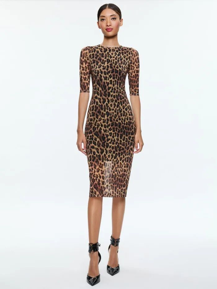 Alice Olivia DELORA CREW NECK MESH MIDI DRESS Spotted Leopard Dark Tan Women Dresses