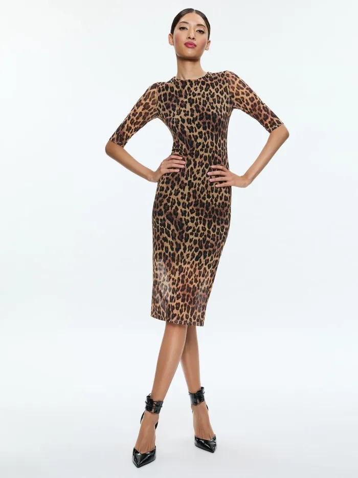 Alice Olivia DELORA CREW NECK MESH MIDI DRESS Spotted Leopard Dark Tan Women Dresses