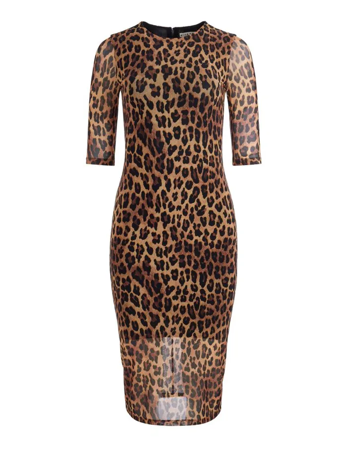 Alice Olivia DELORA CREW NECK MESH MIDI DRESS Spotted Leopard Dark Tan Women Dresses