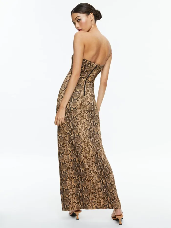 Alice Olivia DELORA STRAPLESS MAXI DRESS Camelblack Snake Women Dresses
