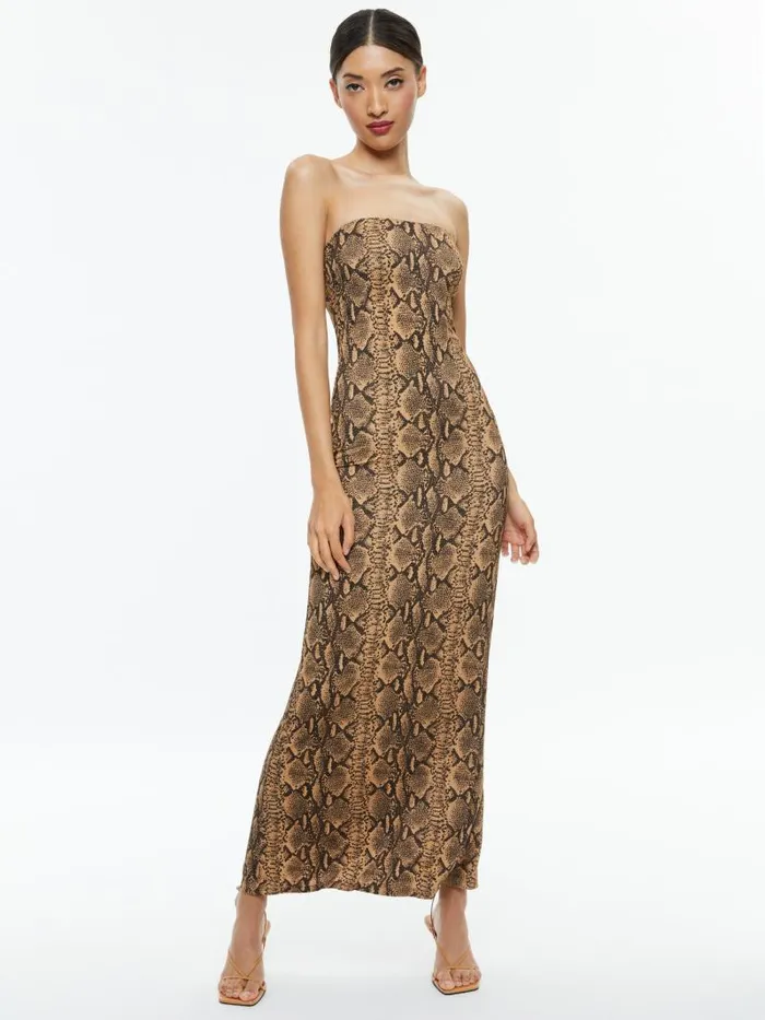 Alice Olivia DELORA STRAPLESS MAXI DRESS Camelblack Snake Women Dresses