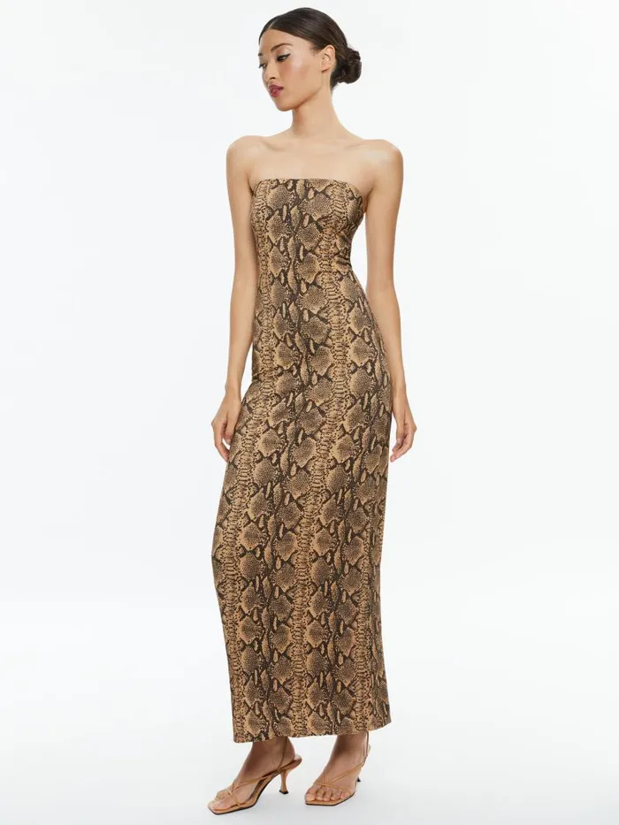 Alice Olivia DELORA STRAPLESS MAXI DRESS Camelblack Snake Women Dresses
