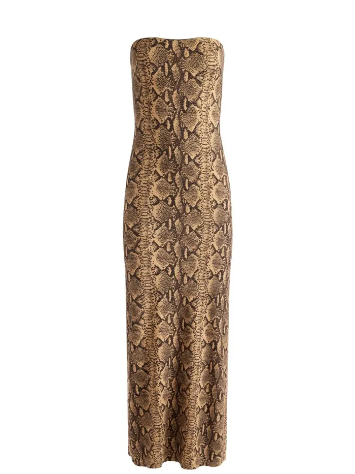 Alice Olivia DELORA STRAPLESS MAXI DRESS Camelblack Snake Women Dresses