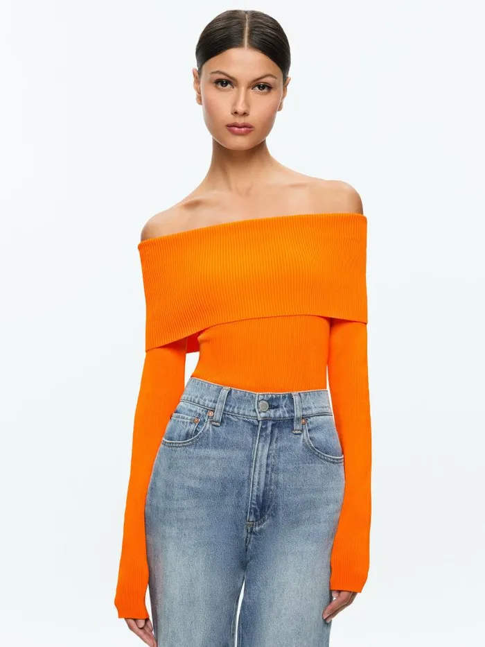 Alice Olivia DOLAN FOLDOVER LONG SLEEVE PULLOVER Bright Ruby Women Tops
