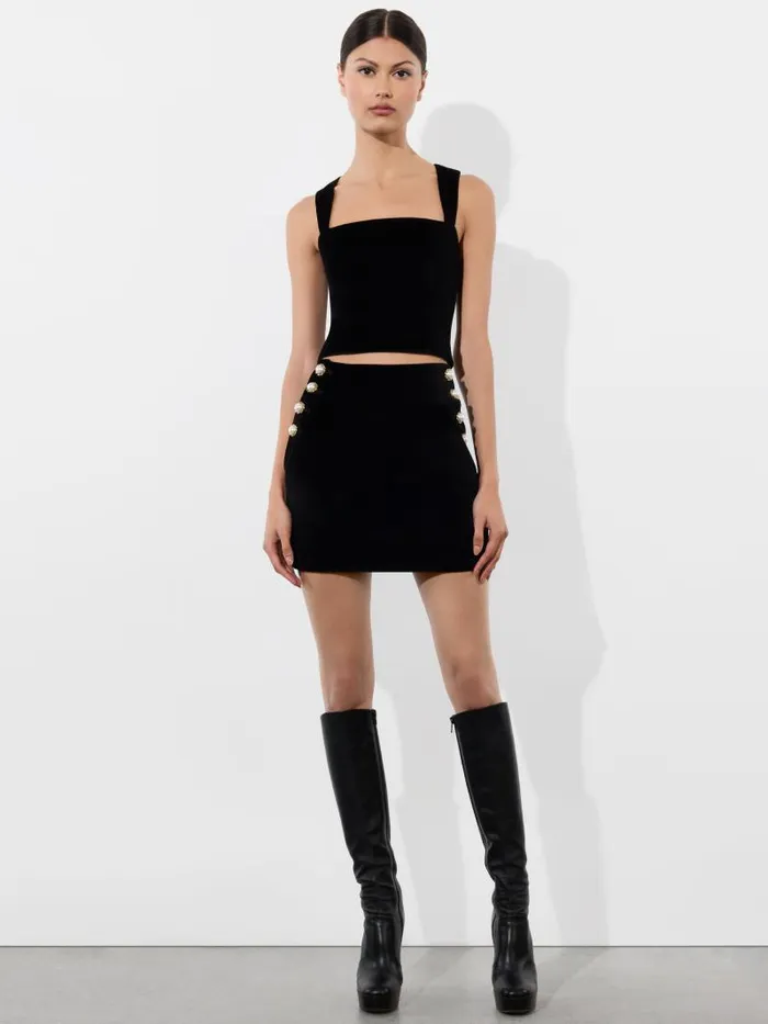 Alice Olivia DONALD VELVET SIDE BUTTON SKIRT Black Women Skirts