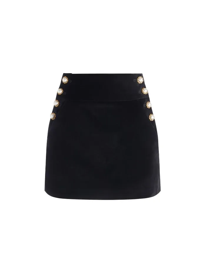 Alice Olivia DONALD VELVET SIDE BUTTON SKIRT Black Women Skirts
