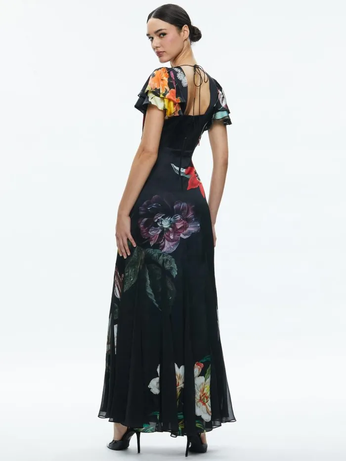 Alice Olivia FARA DEEP VNECK FLUTTER SLEEVE MAXI DRESS Essential Floral Women Dresses