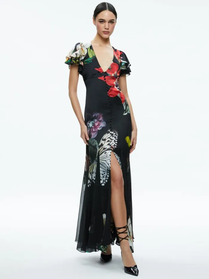 Alice Olivia FARA DEEP VNECK FLUTTER SLEEVE MAXI DRESS Essential Floral Women Dresses