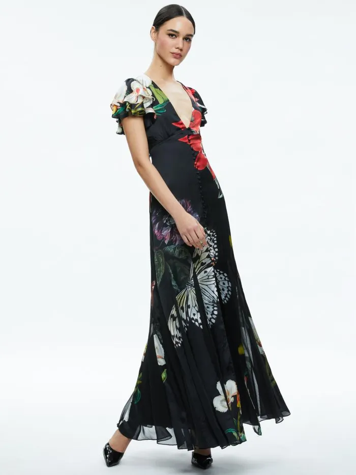 Alice Olivia FARA DEEP VNECK FLUTTER SLEEVE MAXI DRESS Essential Floral Women Dresses