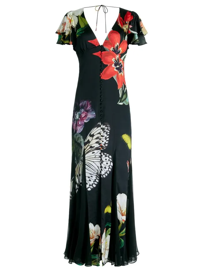Alice Olivia FARA DEEP VNECK FLUTTER SLEEVE MAXI DRESS Essential Floral Women Dresses