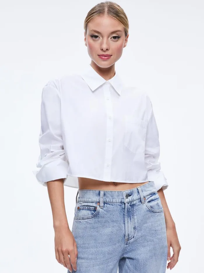 Alice Olivia FINELY CROPPED OVERSIZED BUTTON DOWN SHIRT Off White Women Tops