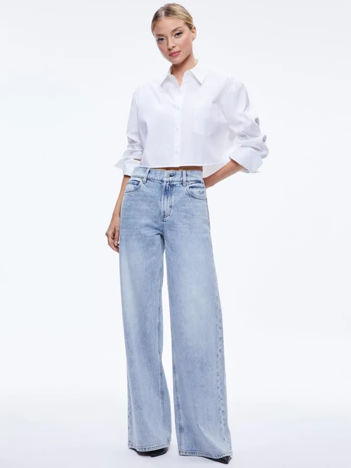 Alice Olivia FINELY CROPPED OVERSIZED BUTTON DOWN SHIRT Off White Women Tops