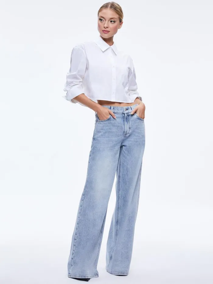 Alice Olivia FINELY CROPPED OVERSIZED BUTTON DOWN SHIRT Off White Women Tops