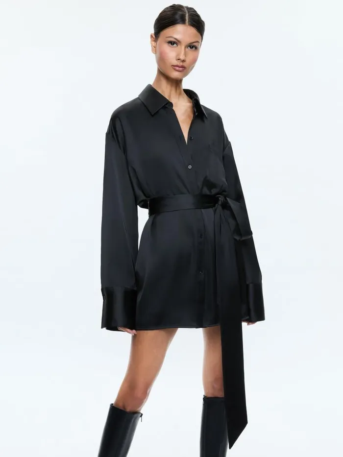 Alice Olivia FINELY OVERSIZED MINI SHIRT DRESS Black Women Dresses